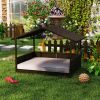 Wicker Dog Bed Outdoor Elevated with Rattan Canopy Cushioned PE Rattan Dog Cat House Sleeping Pad Cream
