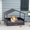 Wicker Dog Bed Outdoor, with Rattan Canopy, Elevated & Cushioned PE Rattan Dog / Cat House with Sleeping Pad, Gray
