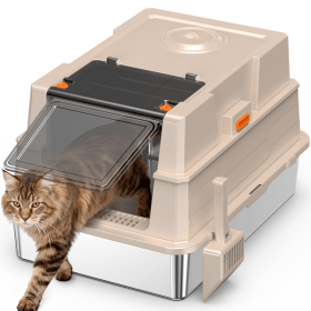 Black stainless steel cat litter box featuring a 2-in-1 flip-top design, SUS201 material construction, XL-sized capacity for large cats (W1612P461506: W1612P461521)
